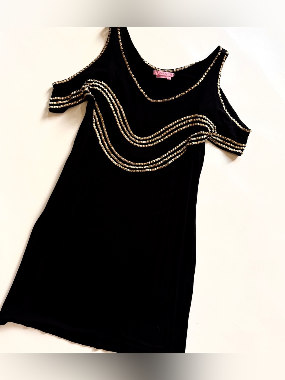 Cold-Shoulder Black Dress with Gold Beaded Trim
